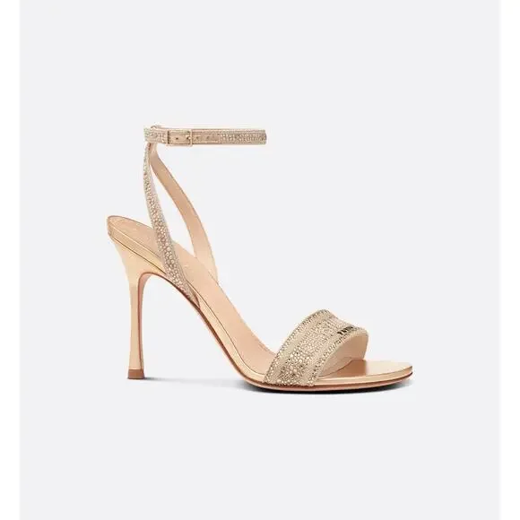 Dior Dway Heeled Sandal Cotton Embroidered Logo Gold Metallic Thread Sz 40.5 - Picture 1 of 10